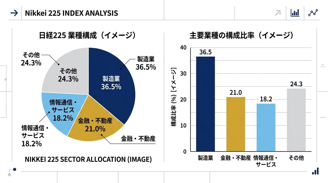 日経225指数のグラフと成分銘柄のイメージ